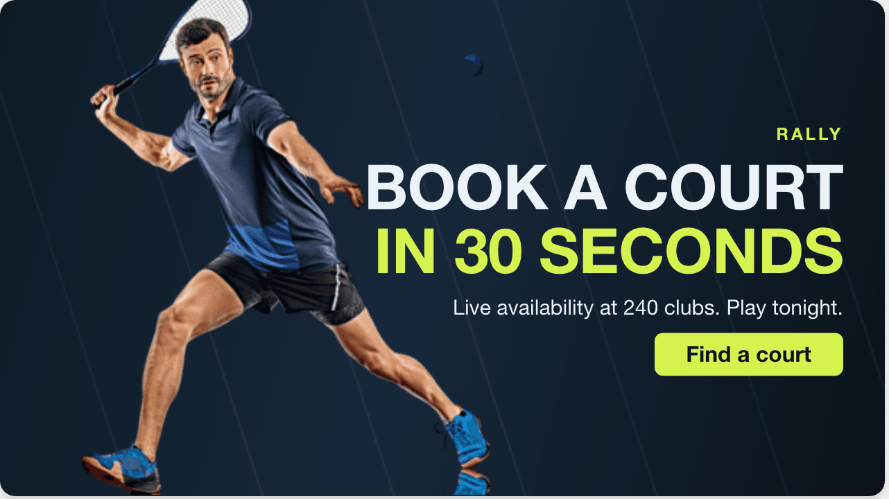 A 640×360 display banner for a squash court booking service, generated by Bannerbloom